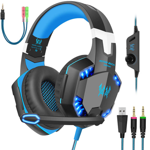 Gaming Headset with Mic for PC,PS4,Xbox One,Over-Ear Headphones with Volume Control LED Light Cool Style Stereo,Noise Reduction for Laptops,Smartphone,Computer (Black & Blue)